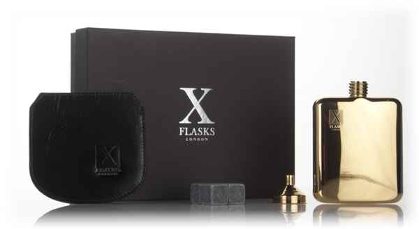 X Flasks - Gold Flask with Black Leather Pouch