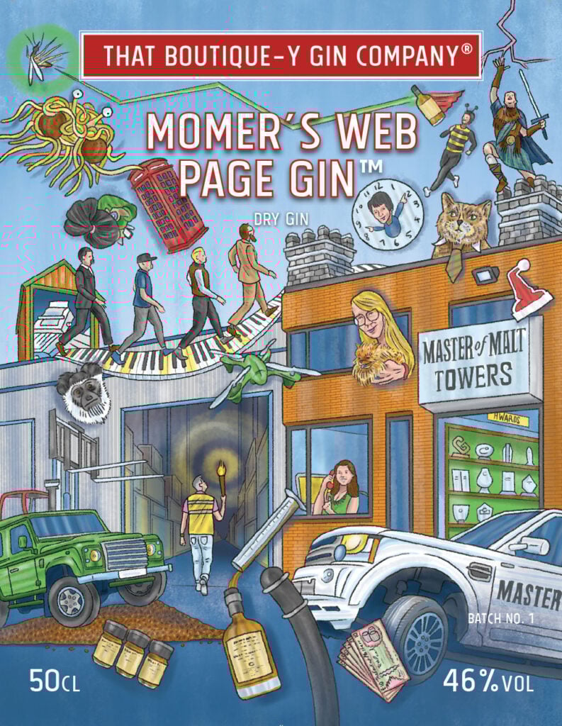 The label on a bottle of MoMer’s Web Page Gin 