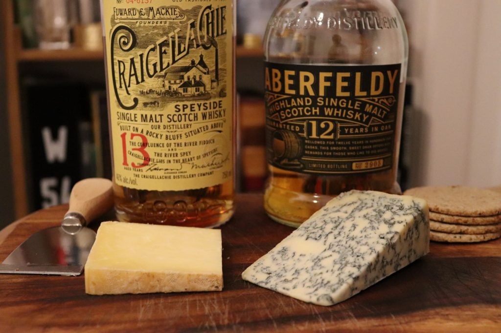 Aberfeldy and Craigellachie whisky with cheese
