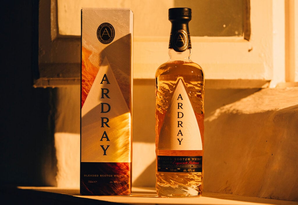 A bottle of Ardray blended Scotch whisky with its presentation box
