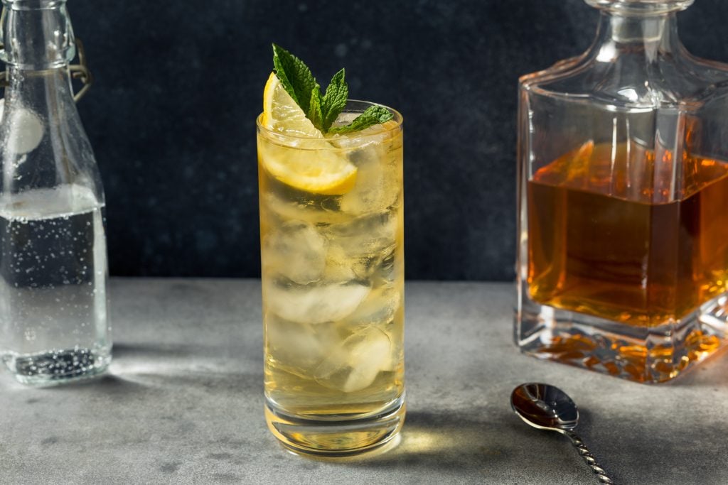 Boozy Refreshing Green Tea Highball Cocktail with Whiskey and Lemon, ideal for mindful drinking