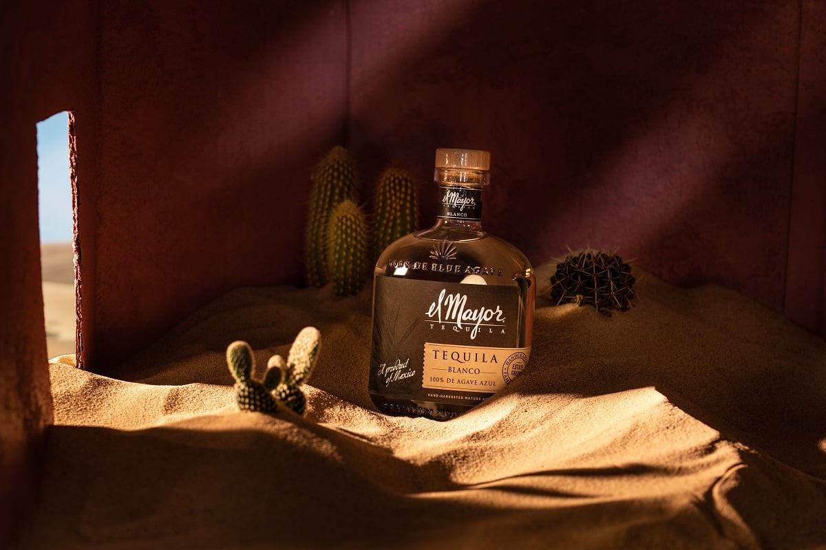 A bottle of El Mayor Blanco Tequila in a room filled with sand and cacti