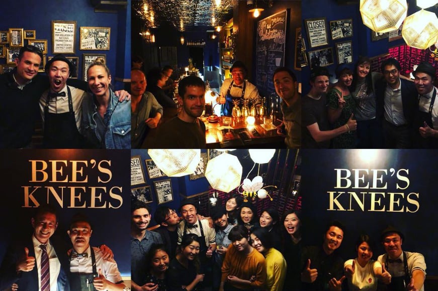 Several photos of Bee's Knees patrons having a great time with bartender Toru Ariyoshi