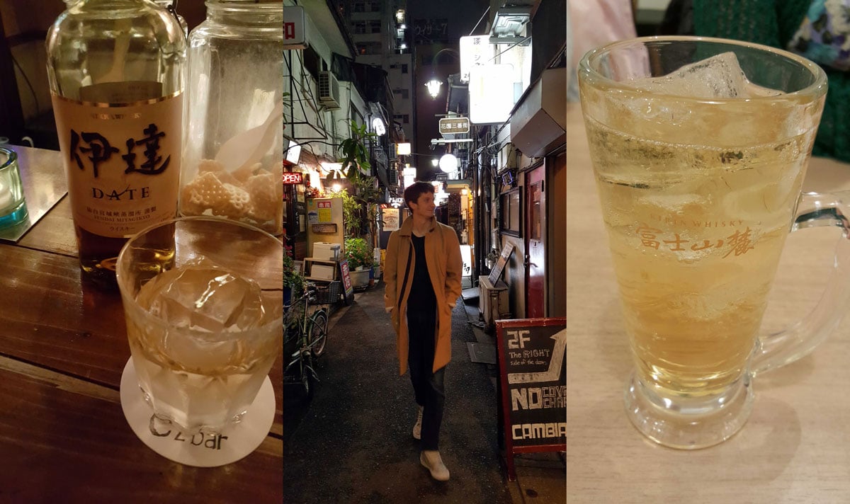 Nikka Date over ice, Jake Mountain strolling through Golden Gai, and a whisky highball in a tall glass with a handle