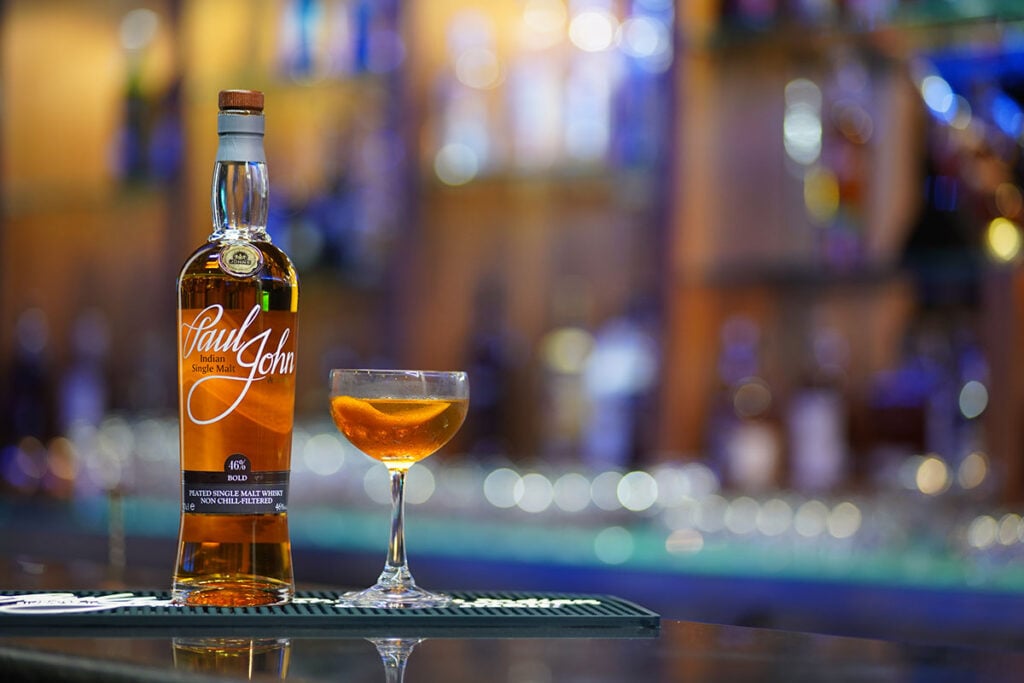 Paul John Bold Indian single malt whisky, used to make a Manhatthan cocktail