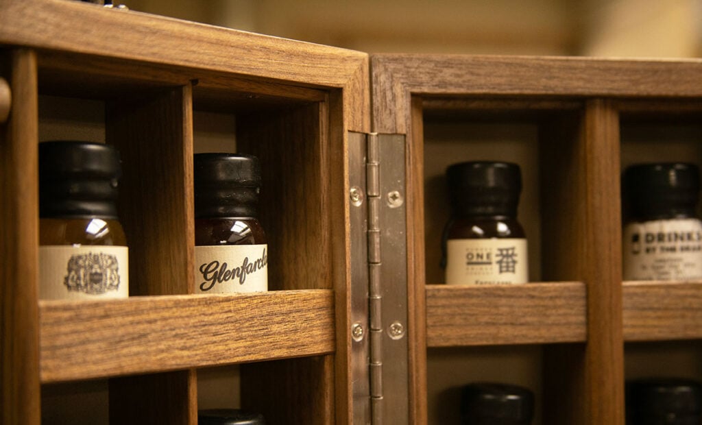 A dram of Glenfarclas whisky in an old and rare whisky cabinet