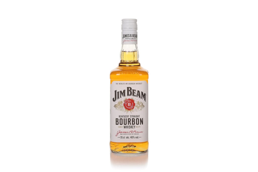 A 70cl bottle of Jim Beam White Label Whiskey on a white background, an affordable whisky for budget-conscious drinkers