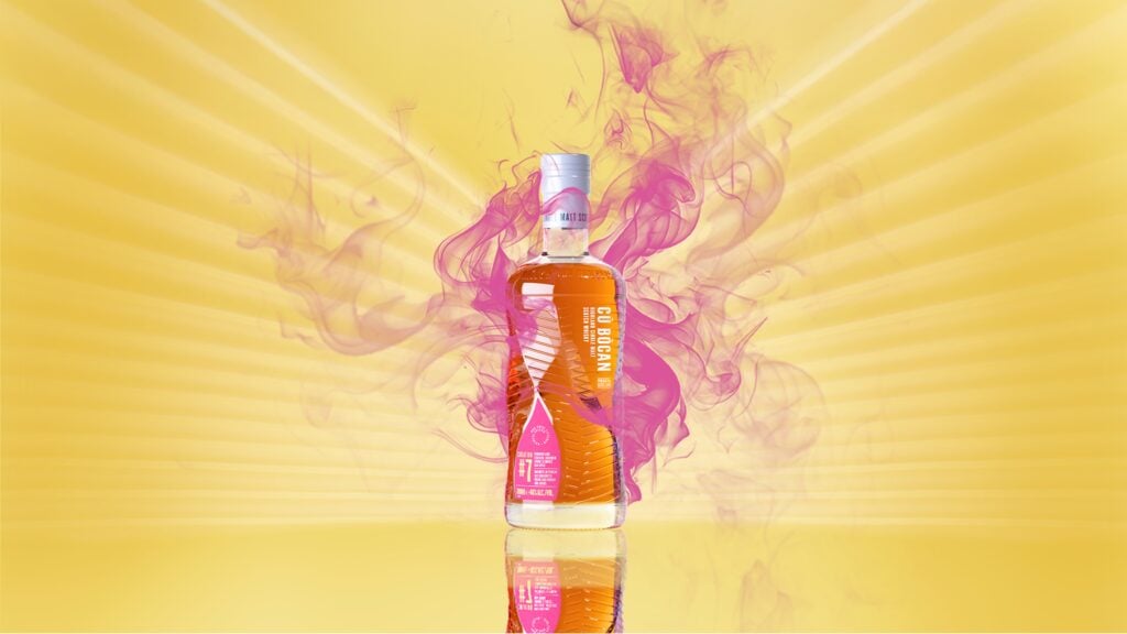 Cù Bòcan Creation #7 in a lifestyle image produced by Tomatin Distillery showing whisps of purple smoke among a yellow backdrop