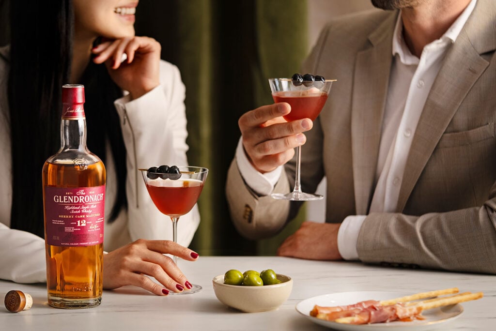 Enjoy The Glendronach sherried whisky with olives