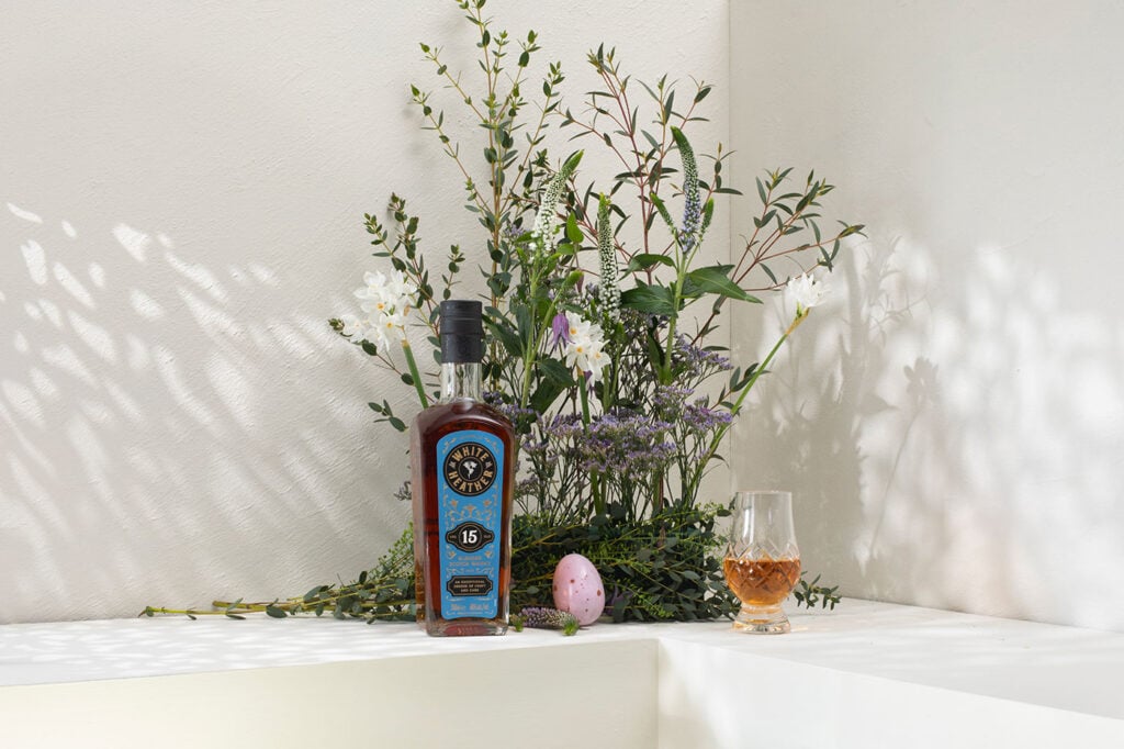 White Heather 15 Year Old whisky in an Easter-themed photoshoot