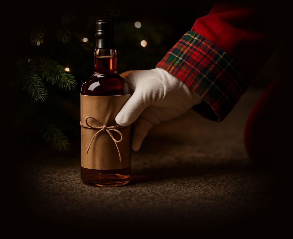#WhiskySanta's hand placing a bottle under a Christmas tree