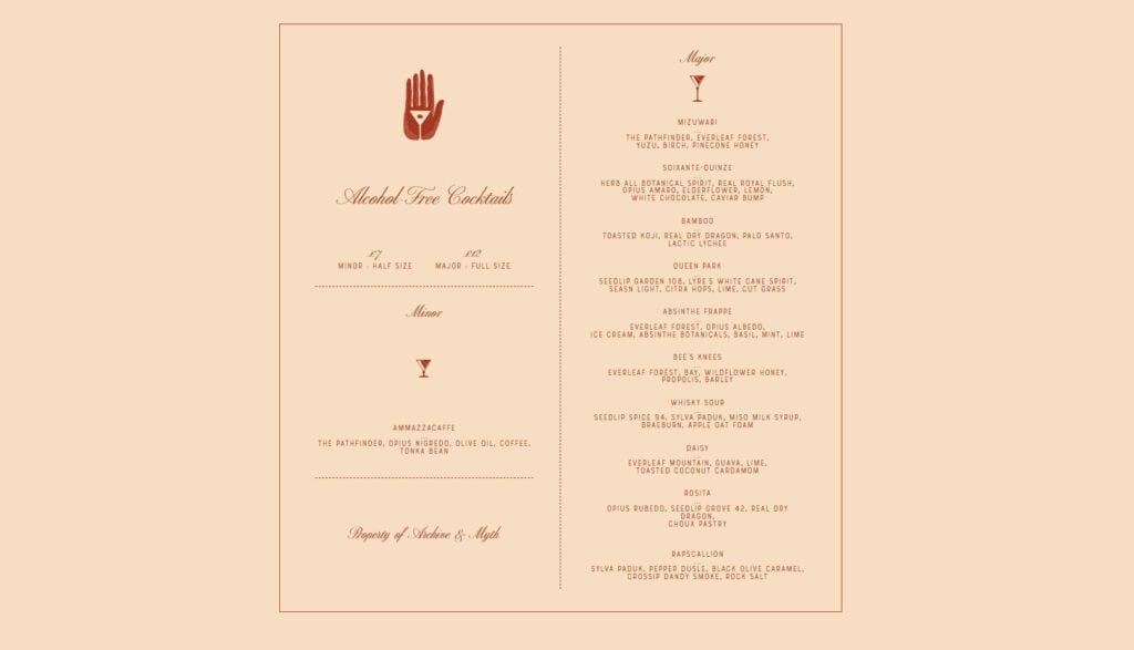 The bar menu at Archive & Myth, specifically the no-alcohol section, ideal for mindful drinking