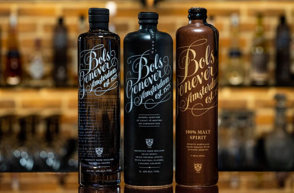 A selection of genever from Dutch brand Bols on top of a bar