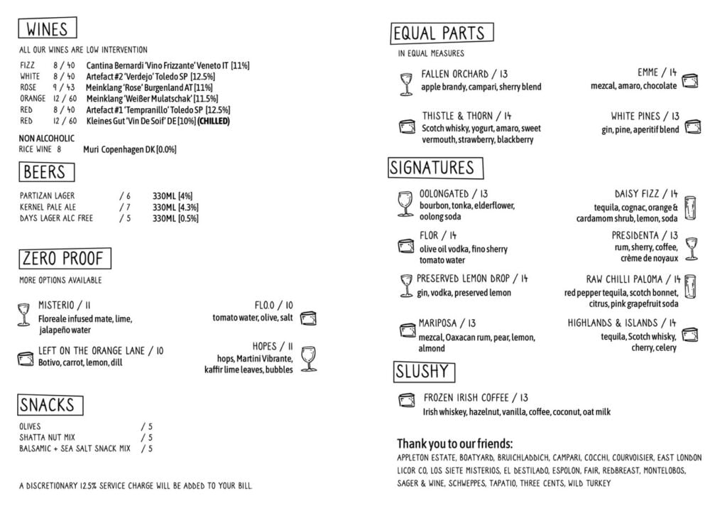 The bar menu at Equal Parts, London