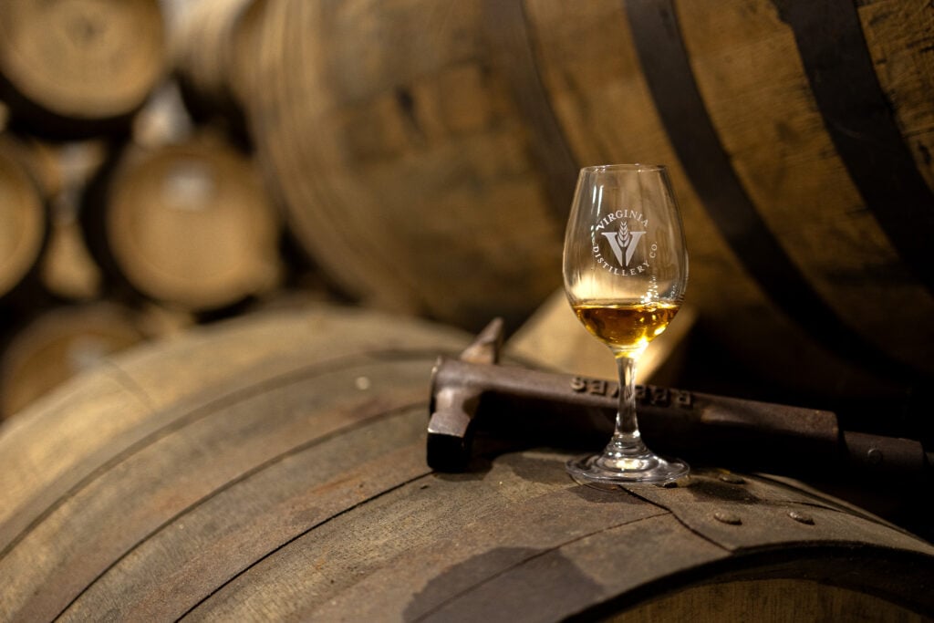 A glass of whisky in the warehouse of the Virginia Distillery Co.