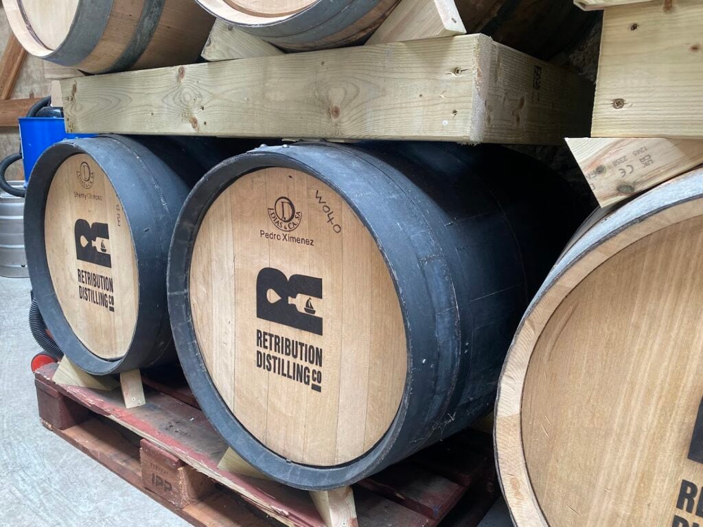 Casks ageing at Retribution Distilling