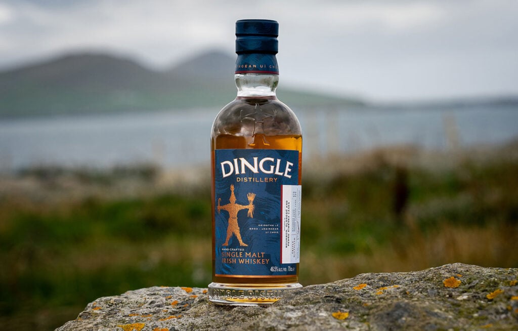 A bottle of Dingle Single Malt in the Irish countryside