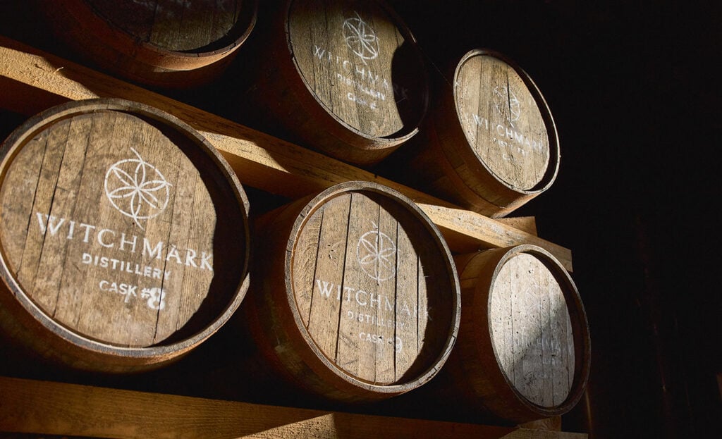 Whisky casks maturing at Witchmark Distillery