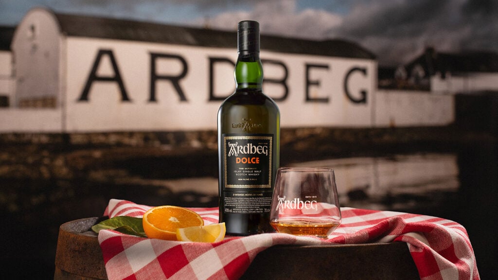 Ardbeg Dolce in front of the Ardbeg Distillery