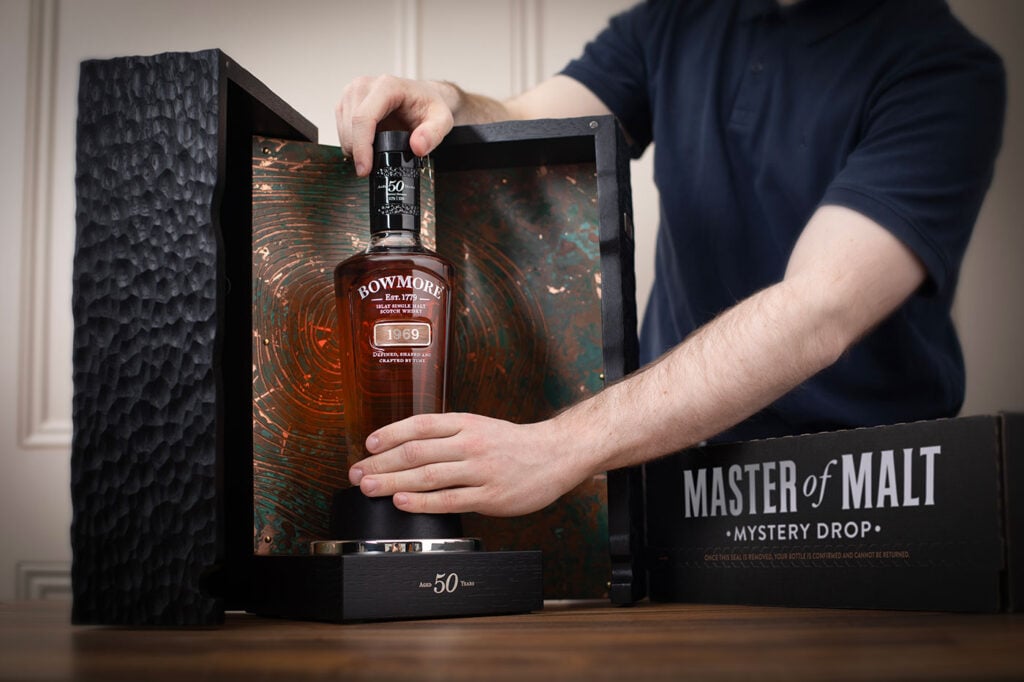 A bottle of Bowmore 1969 50 Year Old - Vaults Series, the grand prize in Master of Malt's Mystery Drop