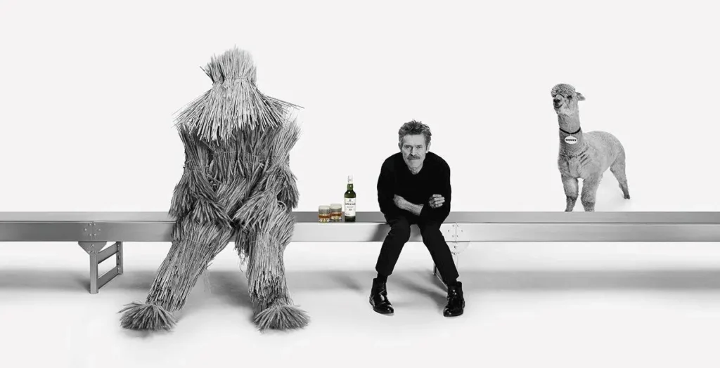 Willem Dafoe in the campaign for Willem by Willem alongside an alpaca named honey and the barley man