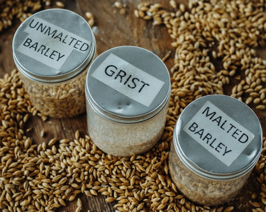 Unmalted barley, grain, and malted barley on a barrel