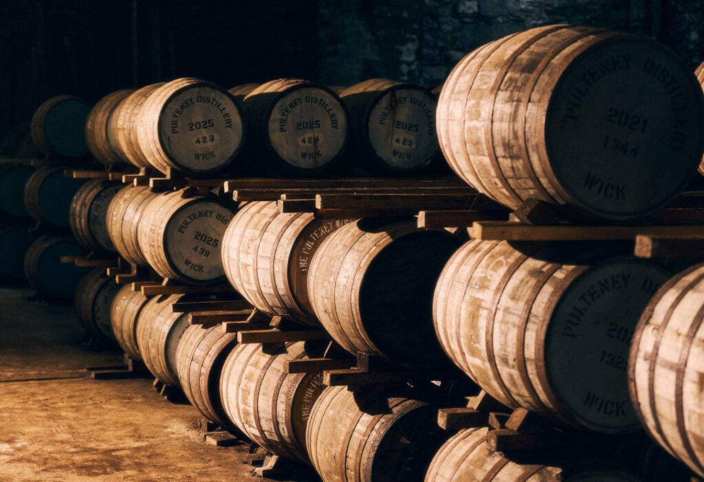 The inside of a warehouse at Old Pulteney Distillery