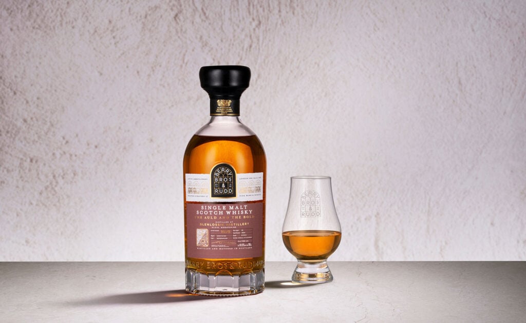 A bottle and glass of Glenlossie 50 Year Old 1975 (cask 5966) Odyssey Range Release