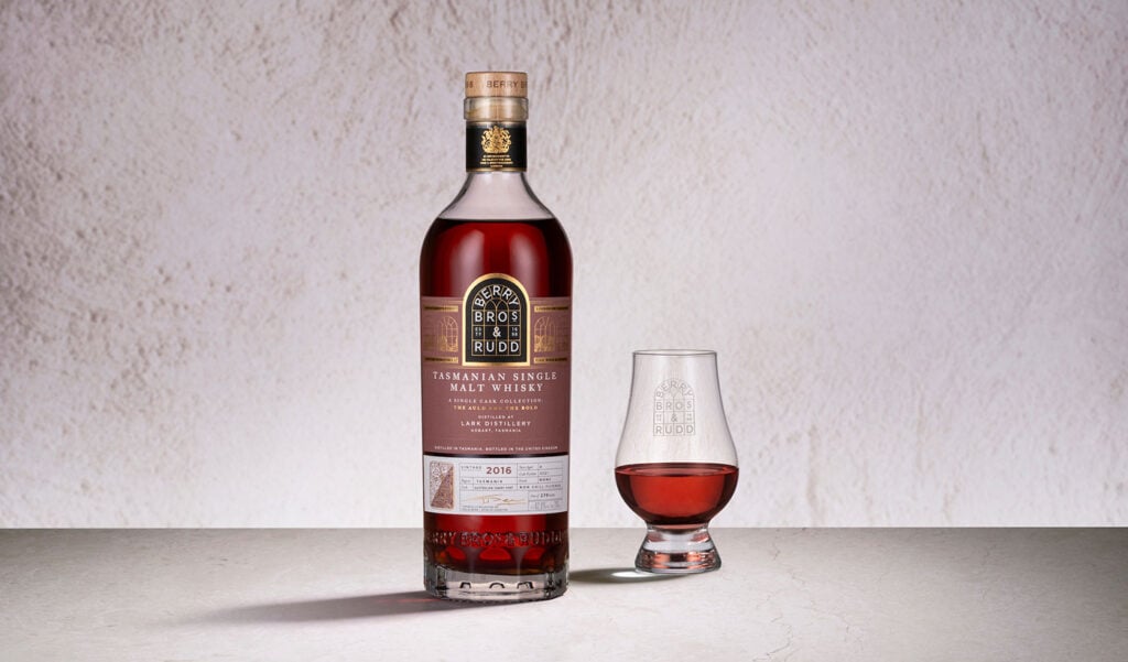 A bottle and glass of Lark 4 Year Old 2016 (cask CC21) Odyssey Range Release