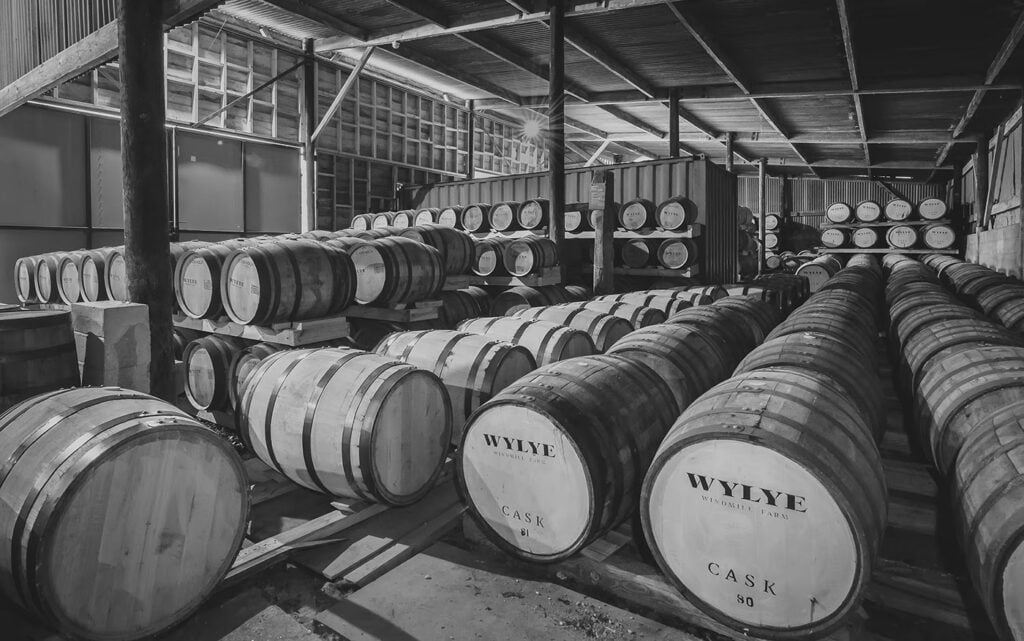 Casks in the warehouse at Wylye Distillery