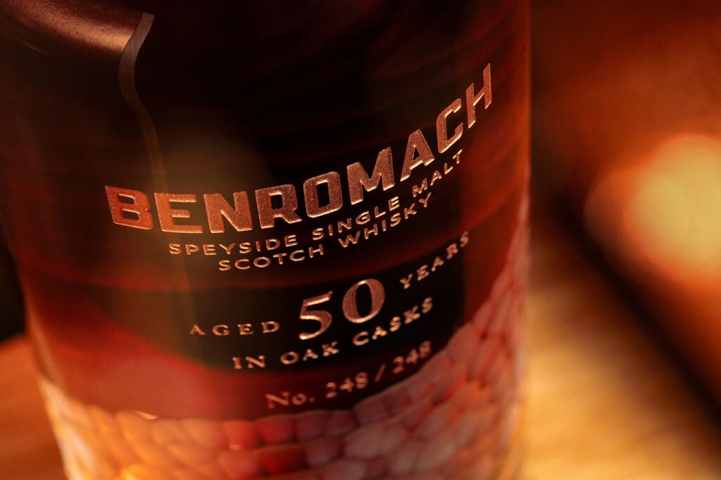 A bottle of Benromach 50 Year Old