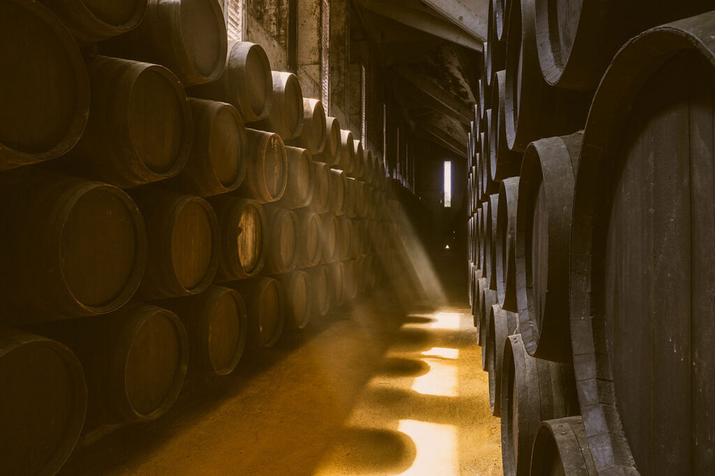 Casks of sherry age in Jerez