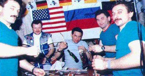 Cosmonauts drinking Cognac on the Mir space station