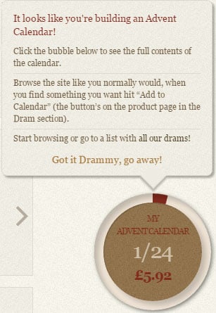 The Drammy pop-up which appears to help customers build an Advent Calendar
