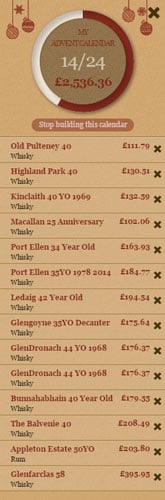 The Master of Malt Advent Calendar builder, with several drams of expensive spirits in it