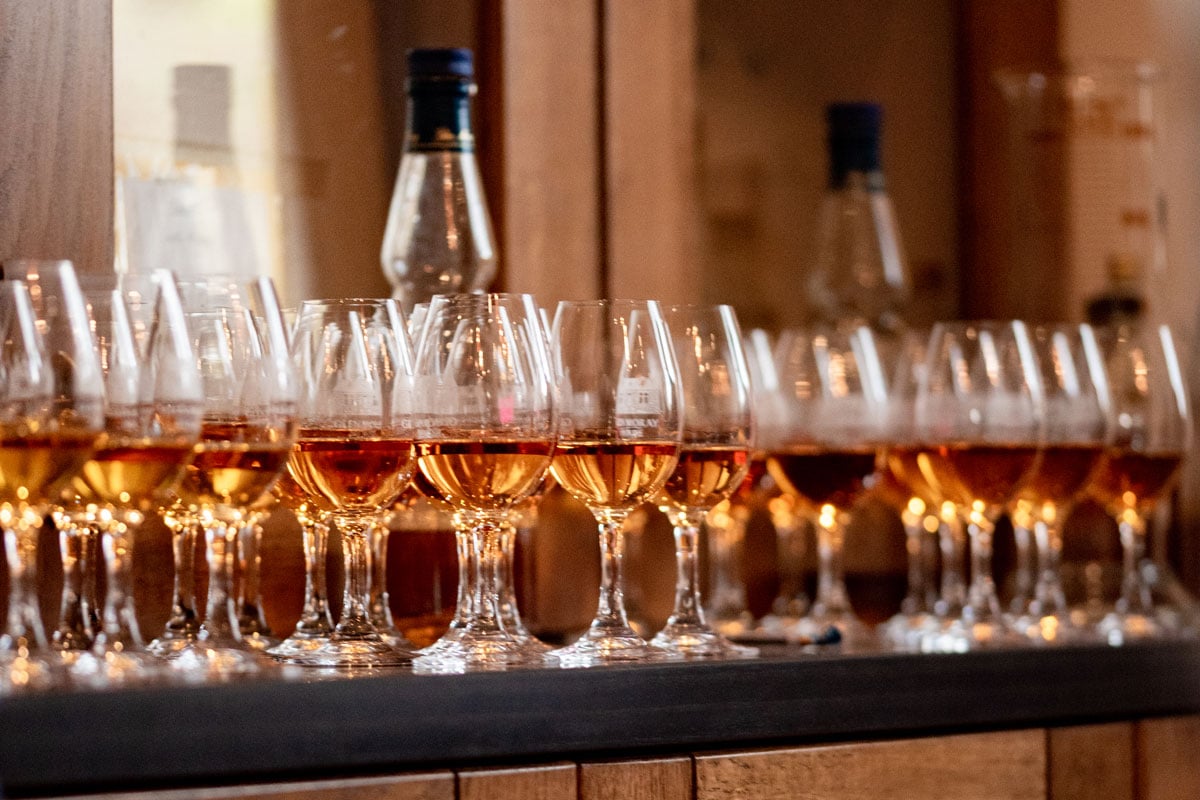 Tasting glasses filled with whisky at Glen Moray House