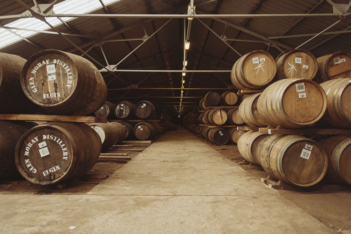 Casks lying on their side within Glen Moray's Warehouse 1