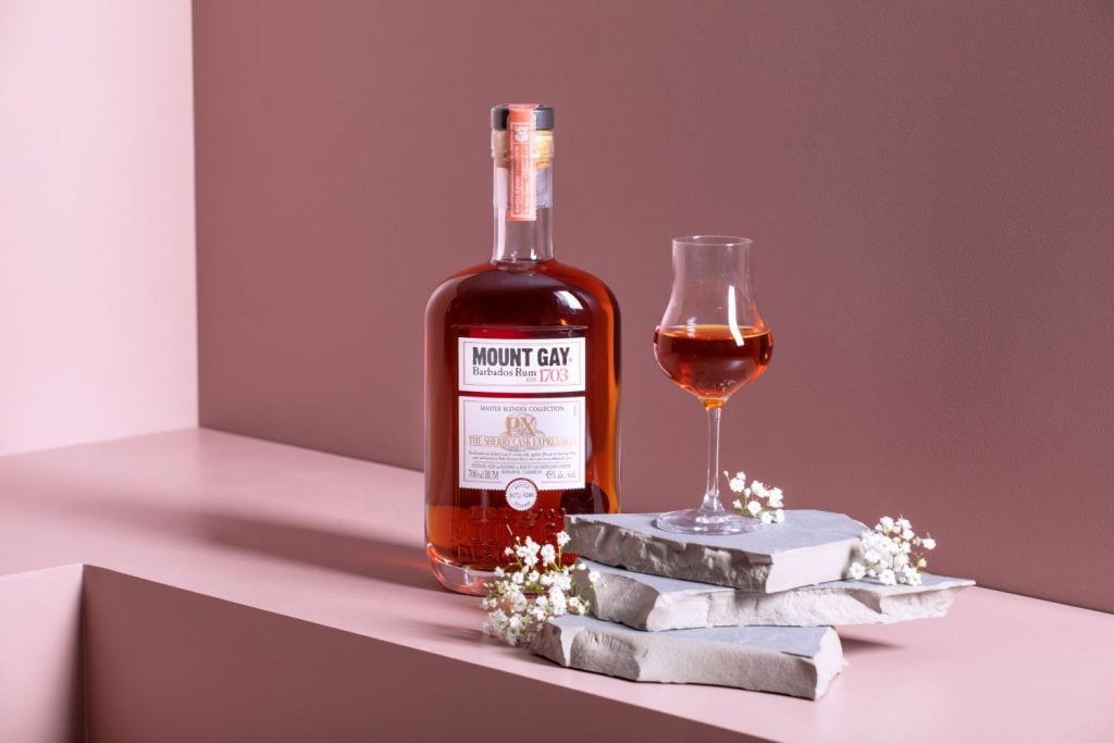 Tasting glass of Mount Gay PX cask rum