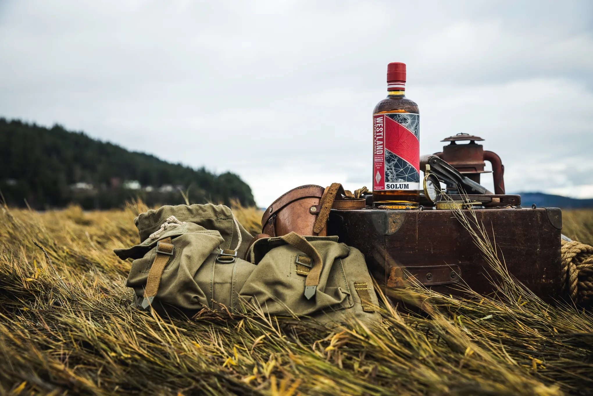 A moody photo of a bottle of Westland whiskey set in a field with grey skies