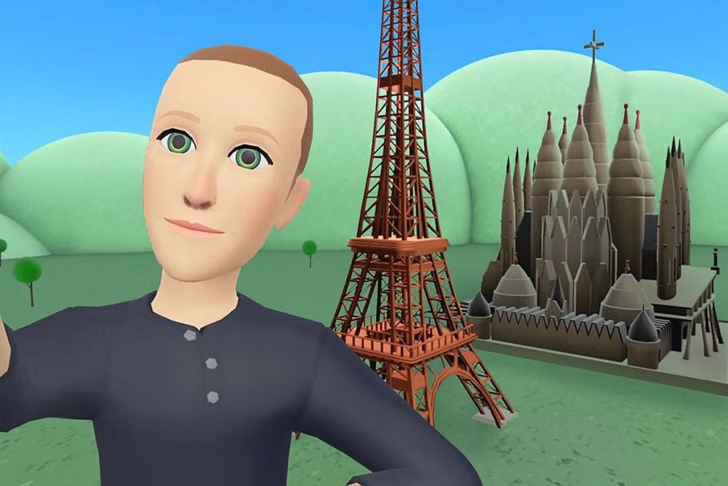 Metaverse Zuckerberg with cartoonish VR Eiffel Tower