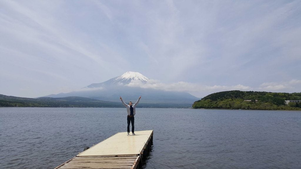 Jake Mountain at Lake Yamanaka with Mount Fuji in the background