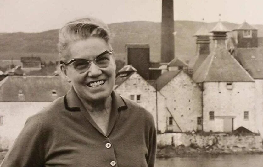A black and white photograph of Bessie Williamson, a legendary figure at Laphroaig