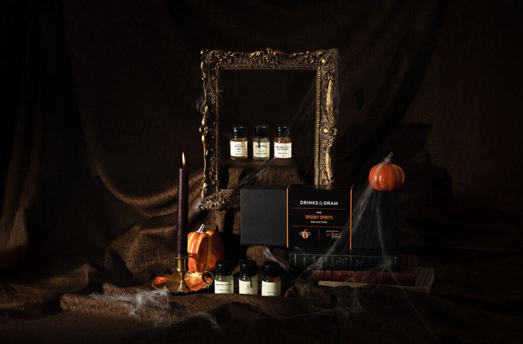 The Spooky Spirits Halloween 6 Dram Tasting Set 2025 from Master of Malt in a Halloween scene