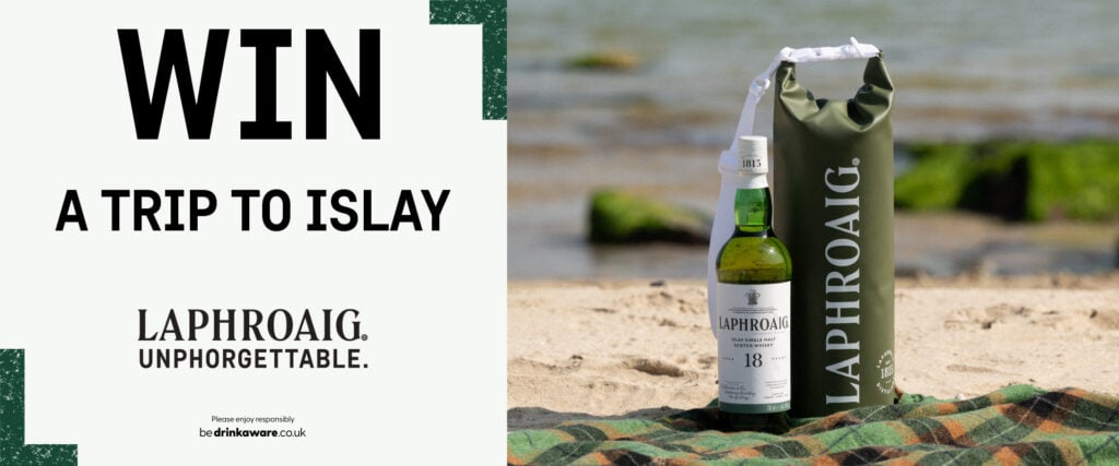 An advertisement for the Master of Malt competition: Win a Trip to Islay with Laphroaig!