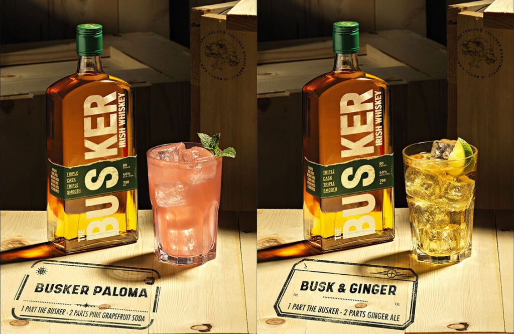 Two Irish whiskey cocktail recipes featuring The Busker whiskey