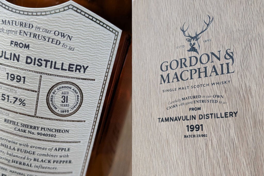 Tamnavulin 31 Year Old 1991 Gordon & MacPhail bottle and box close ups