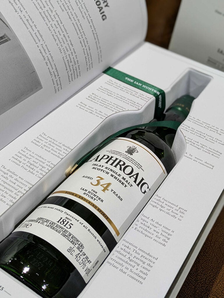 Laphroaig 34 Year Old Ian Hunter Story Book 5 bottle within book