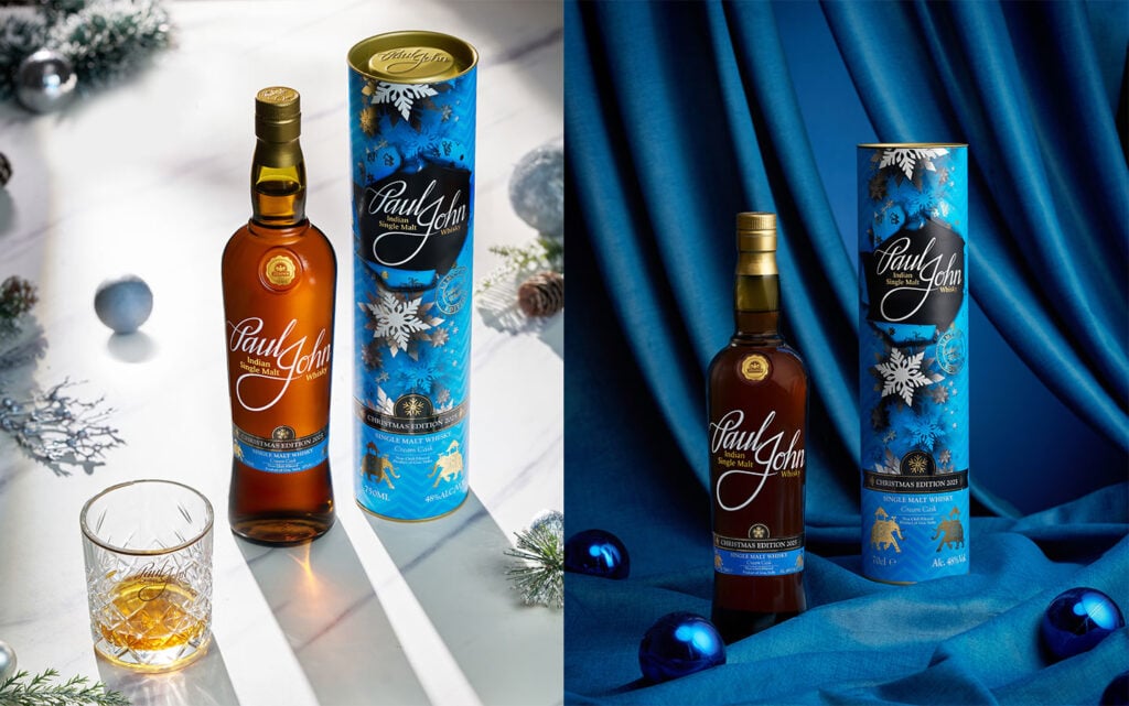 Two pictures of the Paul John Christmas Edition 2025 in festive scenes