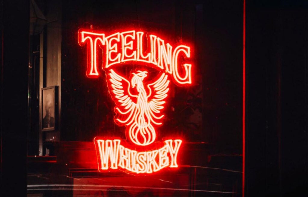 The illuminated Teeling whiskey sign that greets visitors to its distillery in Dublin