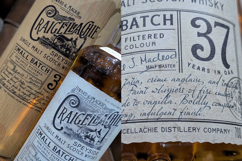 Craigellachie 37 Year Old whisky and presentation box, and label close up